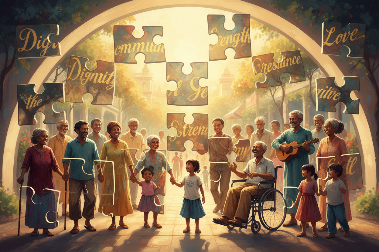 Create an image that is fractured puzzle pieces on the puzzle pieces it creates a picture of a community Incorporate words in the puzzle pieces that say dignity love community strength resilience